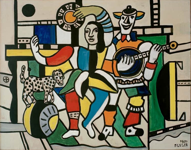 Gitarrist, Frau und Hund auf einer Kugel in bunten Flächen – Fernand Leger Le chien sur la boule Kunstkopie