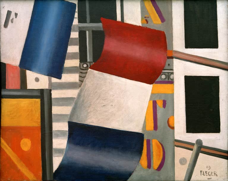 Rot-weiß-blaue Fahne vor geometrischen Flächen und Streifen – Fernand Leger Le drapeau Kunstkopie