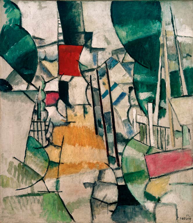 Kubistisch zerlegte Landschaft mit grünen Bäumen, rotem Fleck und Gleisen – Fernand Leger Le passage à niveau Kunstkopie