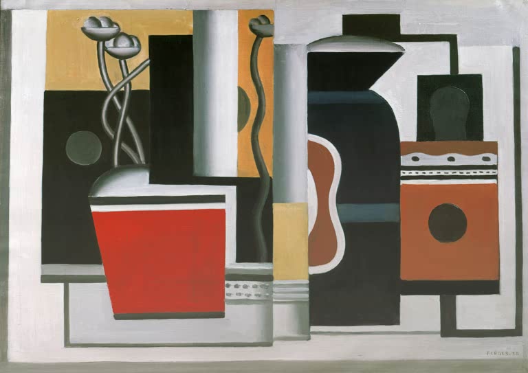 Roter Blumentopf, Flasche und Gitarre als flächige Formen – Fernand Leger Le pot rouge Kunstkopie