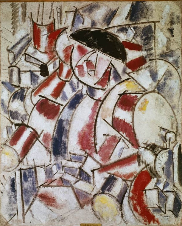 Figur mit schwarzem Hut aus rot-weiß gestreiften Formen – Fernand Leger Le réveilmatin Kunstkopie