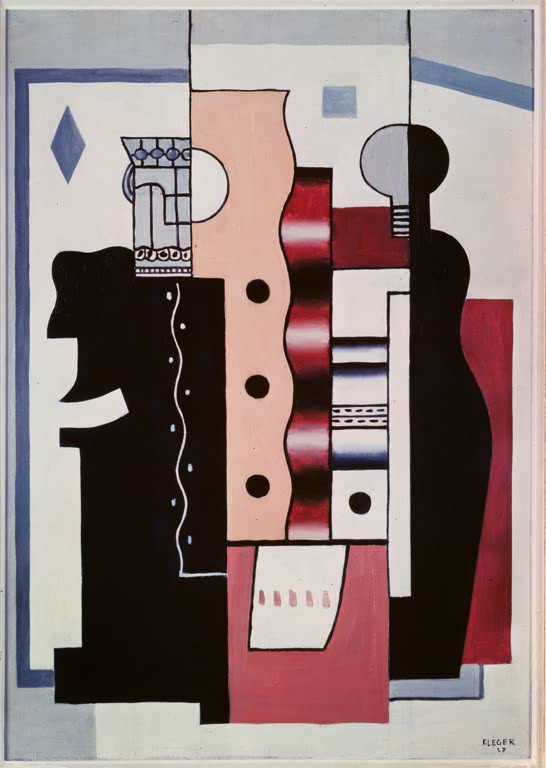 Schwarze und rosafarbene Flächen mit rotem Karo und Gesichtsprofilen – Fernand Leger Le roi de carreau Kunstkopie