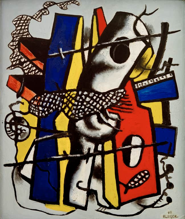 Schwarzes Gitter über blauen, gelben und roten Formen mit Fischmotiv – Fernand Leger Le treillage noir Kunstkopie