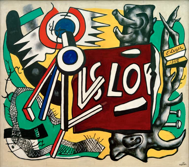 Baumstamm, Wegweiser und Fahnenzeichen auf gelbem Grund – Fernand Leger Le tronc d'arbre sur fond jaune Kunstkopie