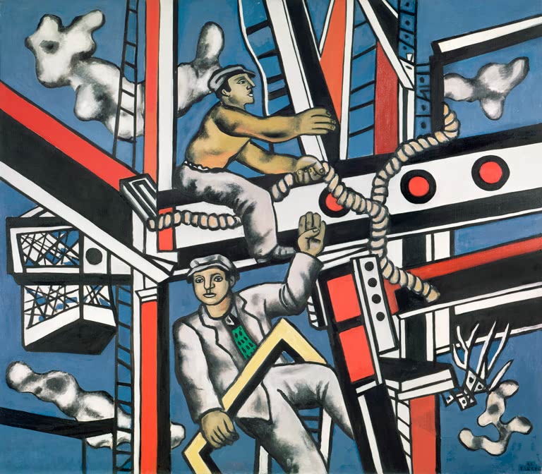 Zwei Bauarbeiter klettern in einem Stahlgerüst vor blauem Himmel – Fernand Leger Les Constructeurs Kunstkopie