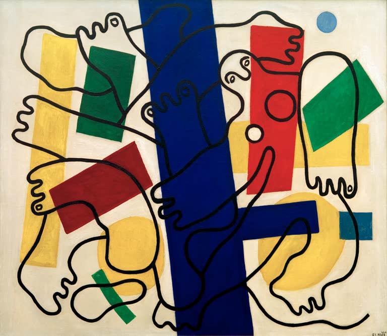 Verschlungene Akrobaten in schwarzen Konturen auf bunten Farbflächen – Fernand Leger Les deux acrobates Kunstkopie