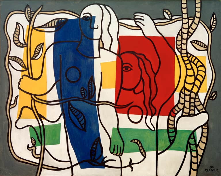 Zwei Frauengesichter mit Ranken vor gelben, blauen und roten Flächen – Fernand Leger Les deux femmes aux fleurs Kunstkopie