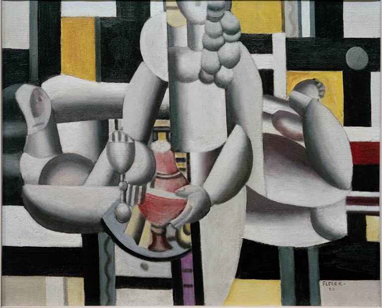 Graue Zylinderfiguren mit rotem Pokal – Fernand Leger Les deux femmes et la nature morte Kunstkopie