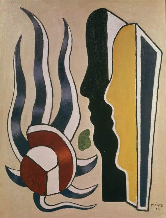 Zwei schwarz-gelbe Profile neben gestreiften Wellenformen – Fernand Leger Les deux profils Kunstkopie