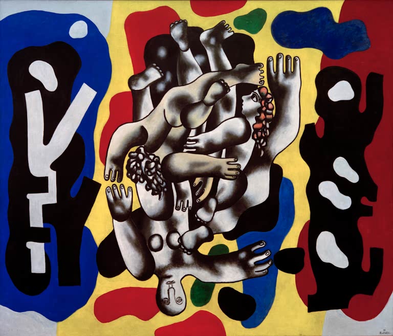 Verknäuelte Taucherfiguren zwischen schwarzen Formen auf gelbem Grund – Fernand Leger Les plongeurs sur fond jaune Kunstkopie