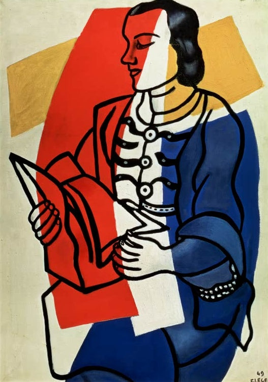 Lesende Frau im blauen Kleid mit rotem Buch vor Farbflächen – Fernand Leger Lesen Kunstkopie