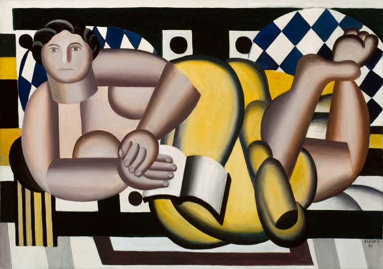 Liegende Frau mit Buch vor schwarz-gelb gemusterten Flächen und Schachbrettmuster – Fernand Leger Liegende Frau Kunstkopie