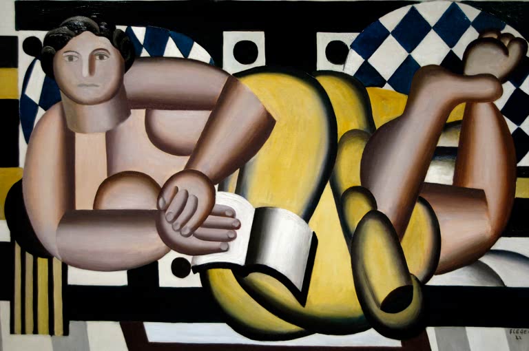 Liegende Frau mit Buch in Gelb und Rosa vor Schachbrettmuster – Fernand Leger Liegende Frau Kunstkopie