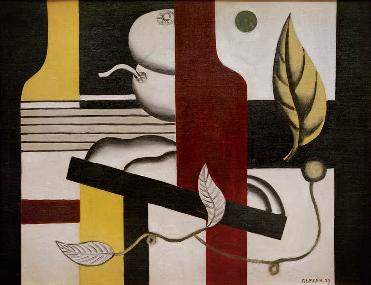 Früchte, Blätter und Flasche vor dunklen Farbflächen – Fernand Leger nature morte aux fruits Kunstkopie