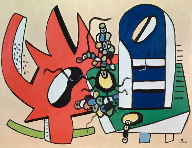 Rote Blattform, blaue Fläche und Perlenreihe – Fernand Leger Nature morte en rouge et bleu Kunstkopie