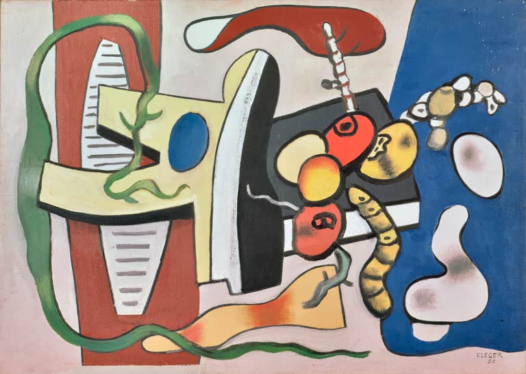 Stillleben mit Früchten, Wurm-Formen und blauer Fläche vor hellem Grund – Fernand Leger Nature morte Kunstkopie