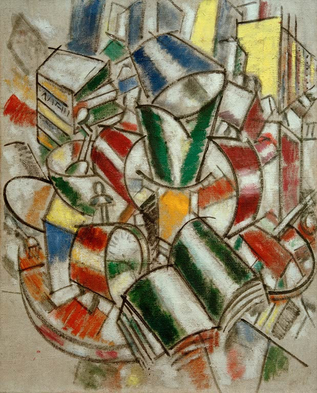 Stillleben aus gestreiften Röhren und Flächen in Rot, Grün und Blau – Fernand Leger Nature morte Kunstkopie