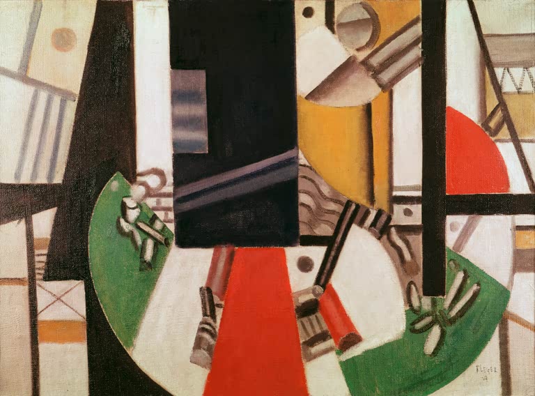 Grüne Halbkreisform mit rotem Dreieck und schwarzem Block – Fernand Leger Nature morte Kunstkopie