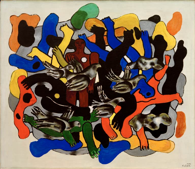 Ineinander verschlungene Taucher und Vögel auf bunten Farbflecken – Fernand Leger Plongeurs aux oiseaux Kunstkopie