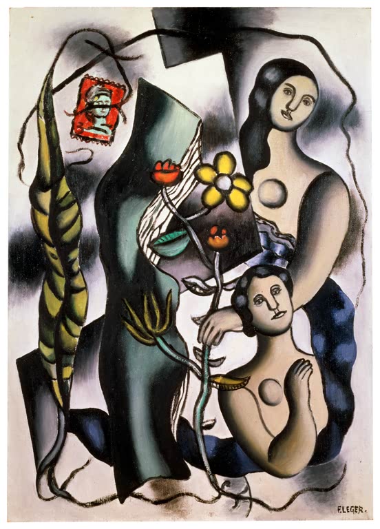 Zwei Frauen und Blumen in schwarz konturierter Komposition – Fernand Leger Postkarte Kunstkopie