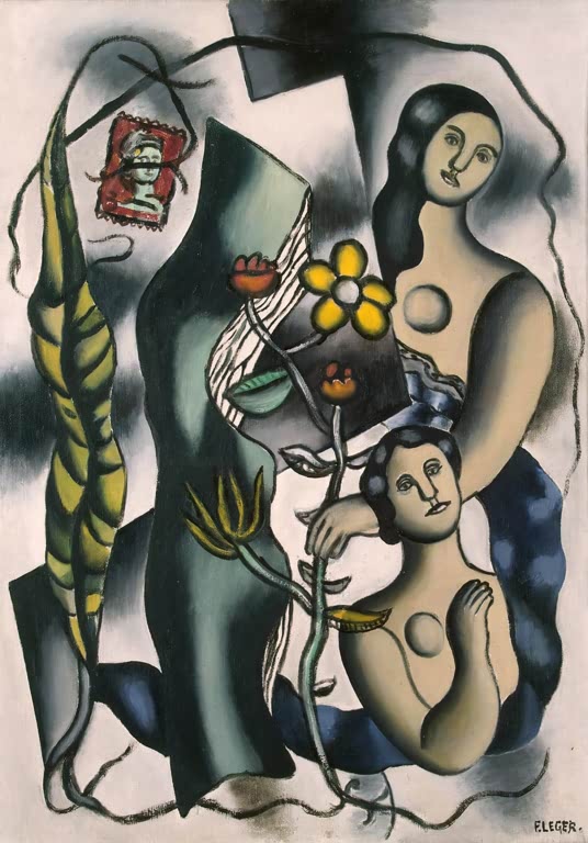 Zwei Frauen mit Blume und Blättern in gedämpften Grün- und Grautönen – Fernand Leger Postkarte Kunstkopie