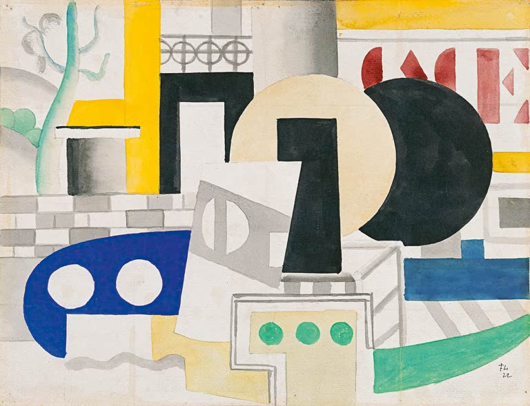 Abstrakte Hafenszene aus schwarzen, blauen, gelben und grünen Formen auf hellem Grund – Fernand Leger Schlepper Kunstkopie