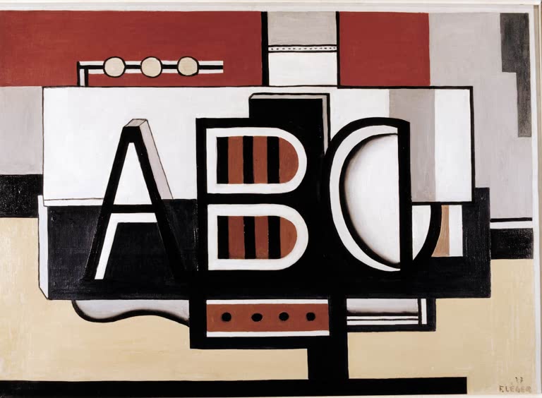Große Buchstaben A, B und C in Schwarz und Weiß auf rotbraunen Flächen – Fernand Leger Stillleben ABC Kunstkopie
