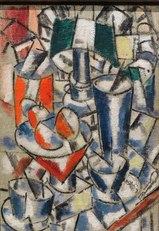 Kubistisches Stillleben mit Lampe, Gläsern und Schale in Blau, Rot und Grün – Fernand Leger Stillleben mit Lampe Kunstkopie