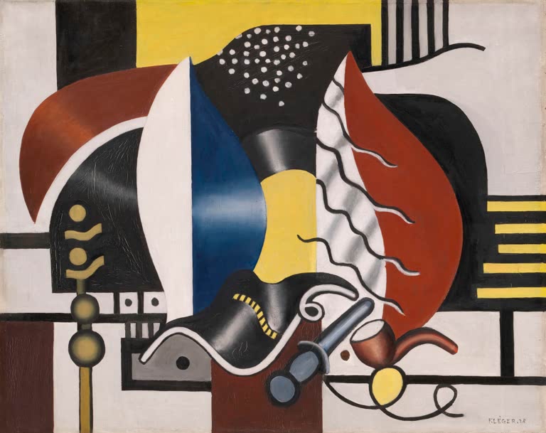 Stillleben mit Schuh, Pfeife und Schallplatte in kräftigem Rot, Blau, Gelb und Schwarz – Fernand Leger Stillleben Kunstkopie