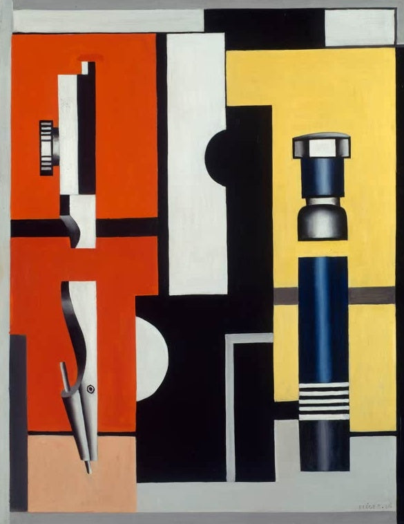 Orange, gelbe und schwarze Flächen mit Zirkel und blauem Bolzen – Fernand Leger Stillleben Kunstkopie