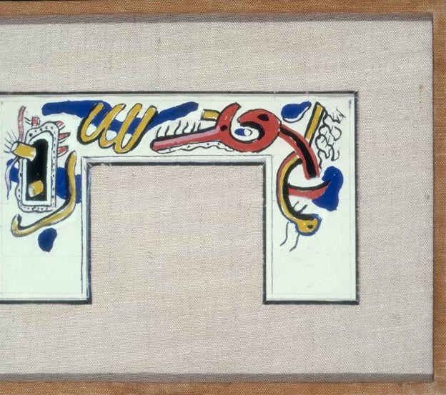 Bunte Schwünge auf U-förmigem Entwurf vor Leinwand – Fernand Leger Studie für den French Line Pier Kunstkopie