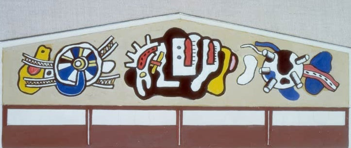 Bunte Maschinenformen im Giebelfeld über braunem Streifen – Fernand Leger Studie für den French Line Pier Kunstkopie