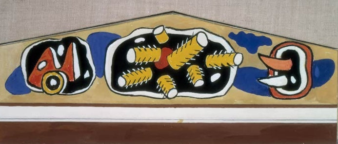 Schwarze Medaillons mit gelben Zylindern im Giebelfeld – Fernand Leger Studie für den French Line Pier Kunstkopie