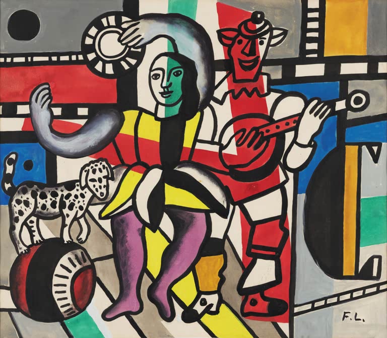 Gitarrist, Frau und Hund auf Kugel in bunten Flächen – Fernand Leger Studie für die Große Parade Kunstkopie