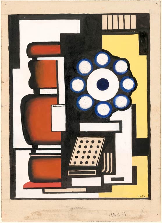 Rotbraune Walzen, Lochscheibe mit blauen Kreisen – Fernand Leger Studie zu Das Kugellager Kunstkopie