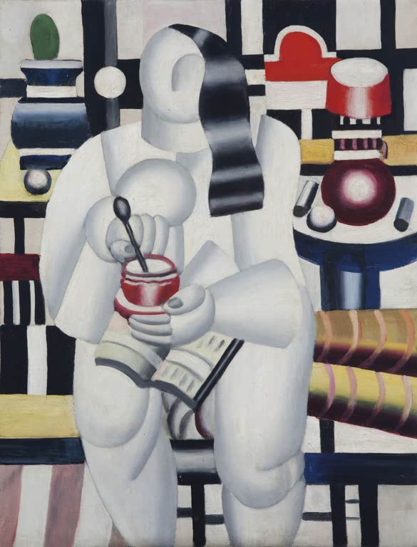 Weiß gehaltene Frauenfigur mit Tasse und Löffel vor gemusterten Flächen – Fernand Leger Teetasse Kunstkopie