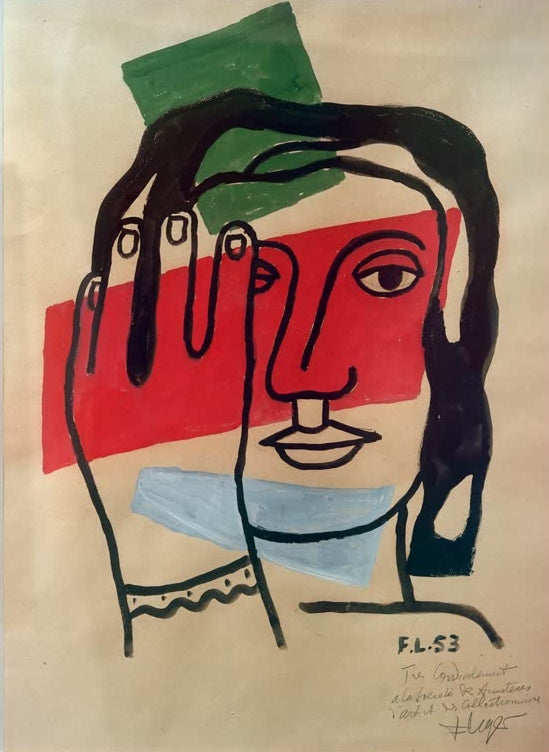 Frauenkopf mit erhobener Hand vor roten und grünen Farbfeldern – Fernand Leger Tête de Femme Kunstkopie