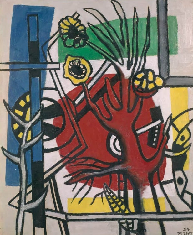 Roter Baum mit schwarzen Zweigen und gelben Blüten vor Rot und Blau – Fernand Leger Un arbre sur fond rouge Kunstkopie
