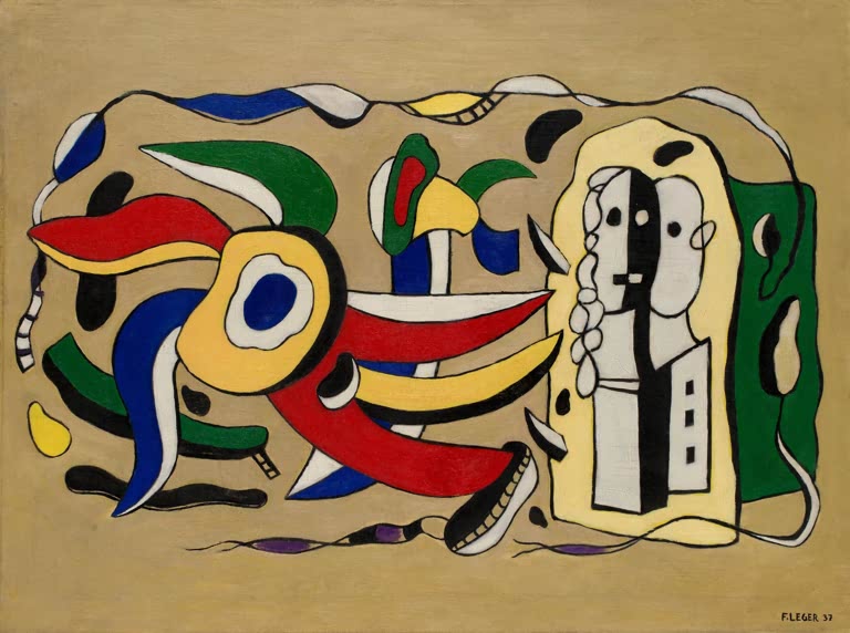 Bunte Schwungformen und stilisierte Büste auf ockerfarbenem Grund – Fernand Leger Wandkomposition Kunstkopie