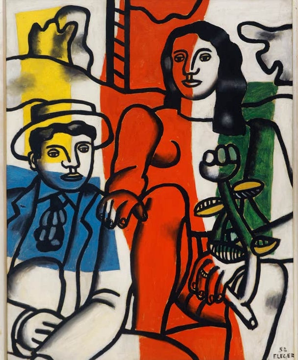 Sitzende Frau in Rot mit Blume neben einem Mann mit Hut – Fernand Leger Zwei Liebende in der Landschaft Kunstkopie