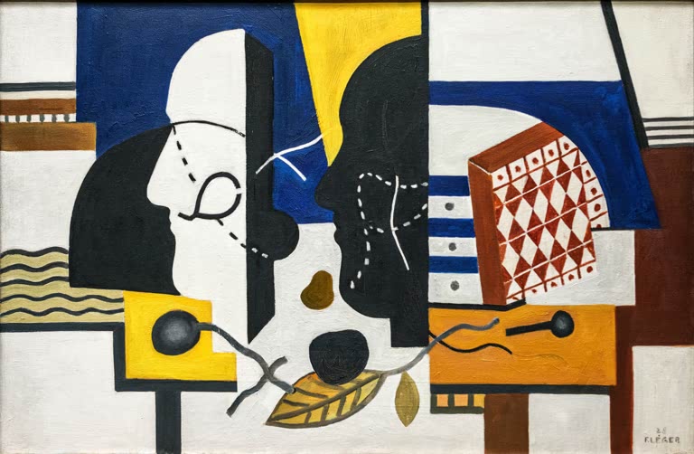 Zwei abstrahierte Profilköpfe in Schwarz und Weiß mit Blatt und Karomuster – Fernand  Leger Zwei Profile Kunstkopie