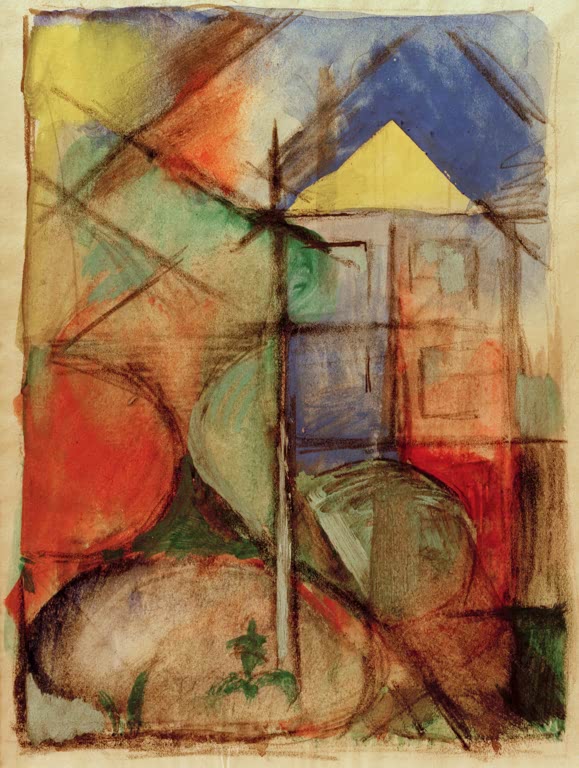 Haus mit gelbem Giebel in abstrakter Landschaft aus Rot, Blau, Grün – Franz Marc Abstrakte Komposition Kunstkopie