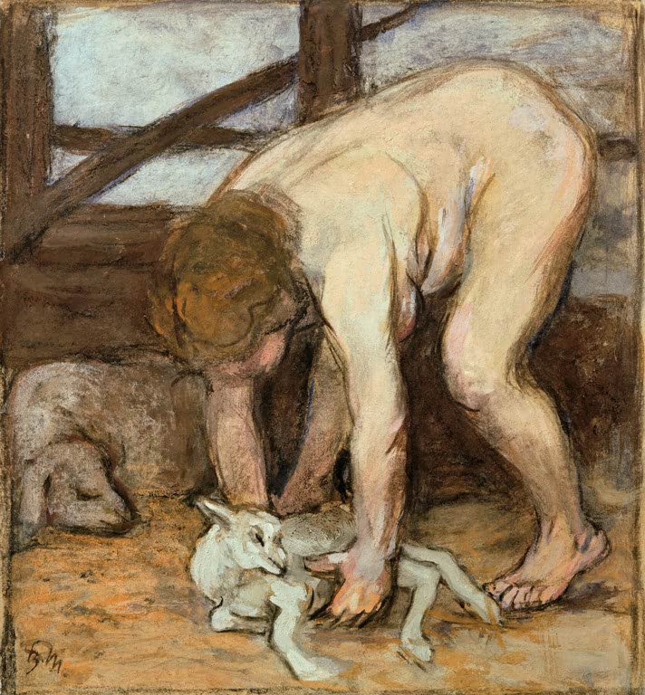 Nackte Gestalt beugt sich im Stall zu einem weißen Zicklein hinunter – Franz Marc Akt mit Zicklein Kunstkopie