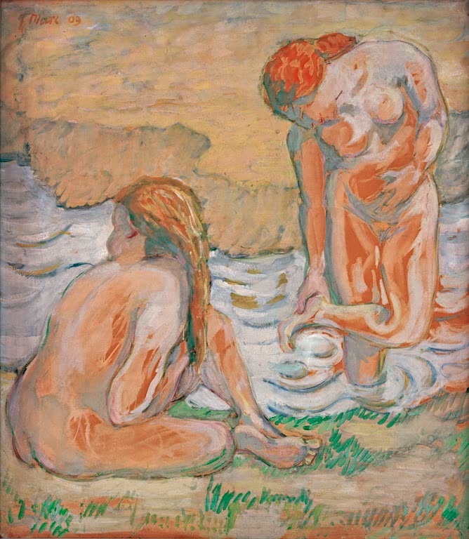 Zwei nackte Frauen am Ufer, eine sitzend, eine im Wasser stehend – Franz Marc Aktkomposition II Kunstkopie
