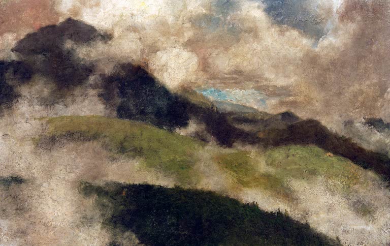 Wolkenverhangene Hügel mit grünen Wiesen und einem Streifen blauen Himmels – Franz Marc Aufsteigender Nebel Kunstkopie