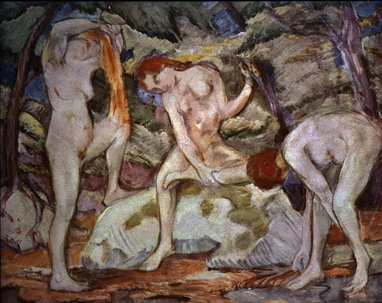 Drei nackte Frauen beim Baden zwischen Bäumen und Felsen – Franz Marc Badende Kunstkopie
