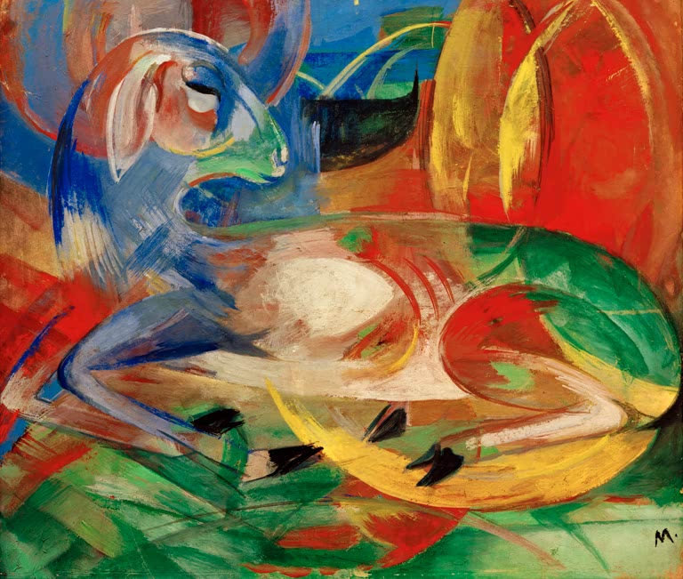 Blaues Lamm liegt in kräftigem Rot, Grün und Gelb – Franz Marc Blaues Lamm Kunstkopie