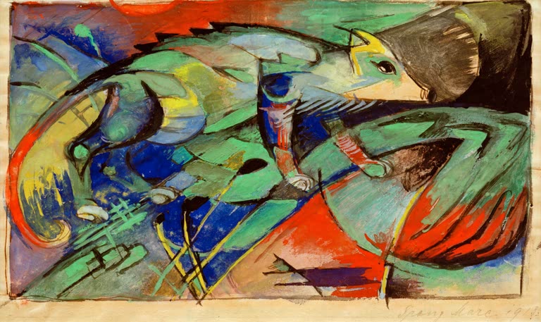Chamäleon in Grün, Blau und Rot, aufgelöst in farbige Flächen – Franz Marc Chamäleon Kunstkopie