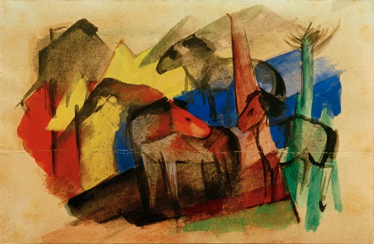 Drei Pferde zwischen Häusern in Rot, Gelb, Blau und Schwarz – Franz Marc Drei Pferde in Landschaft mit Häusern Kunstkopie