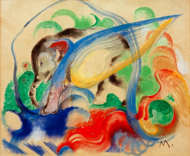 Grauer Elefant mit blauem Bogen in bunten Farbwirbeln – Franz Marc Fabeltier (Grauer Elefant) Kunstkopie